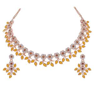 Parure de bijoux de luxe en zircon avec collier ras-du-cou et boucles d'oreilles, motif floral bohème, plaqué or rose, pour mariage et fiançailles - Product Image 1