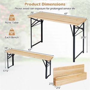47\" Solid Fir Wood Outdoor <b>Dining</b> Set with 2 <b>Foldable</b> Benches Sturdy Metal Frame Picnic <b>Table</b> for Patio Garden or Backyard - Product Image 4