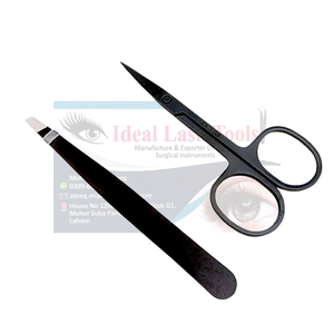 Juego de tijeras y pinzas para cejas de acero inoxidable de calidad premium en color negro para dar forma y recortar las cejas. - Product Image 1