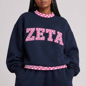 Zeta Wholesale <b>Mock</b> <b>Neck</b> Crew <b>Neck</b> Sweatshirt Women Men Ladies Unisex Gingham Patch Polka Dot Varsity Chenille Letter - Product Image 2