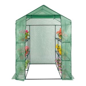 Serra in tessuto PE con 8 tubi in ferro nero, tetto a punta, porta avvolgibile con cerniera, 143x143x195cm, supporto per piante a griglia, modello SAME 5469 - Product Image 5