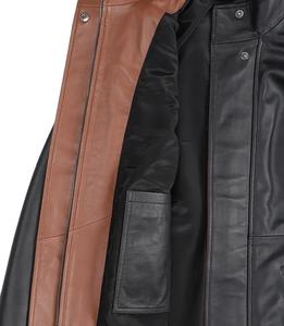 Veste d'hiver en cuir véritable pour femme, satinée, noire avec bordure marron, col rabattu, coupe ajustée, écologique, coupe-vent, pour moto - Product Image 5
