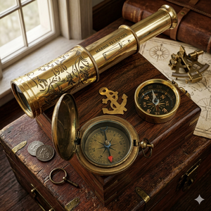 Antique Vintage Brass Compass & <b>Chrome</b> Nautical Telescope Set with Wooden <b>Box</b> Steampunk Marine Gift Wholesale OEM - Product Image 1