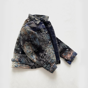 Wholesale Men's Casual Slim Fit Denim Jacket Spring Fashion with Stand Collar Paisley Print Washed Patchwork Men's Jacket - Product Image 4