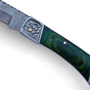 Couteaux pliants de poche haut de gamme avec lame en acier à motifs, manche décoratif et étui de rangement en cuir pour le camping et la chasse - Product Image 3
