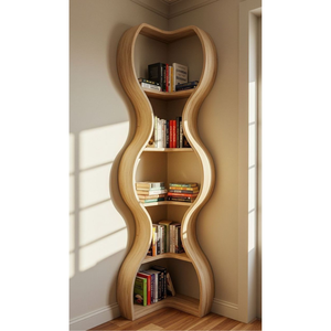 Modern Teak Wood Wave Corner <b>Bookcase</b> with Artistic <b>Open</b> Shelves for Living Room and Home Decoration - Product Image 1