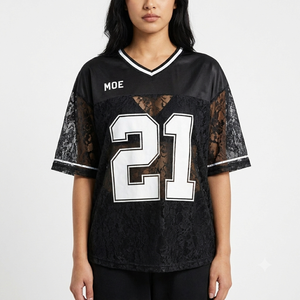 Maillot de football américain noir en dentelle pour femme, col en V, maille transparente, manches courtes, t-shirt personnalisé avec numéro, coupe oversize, haut de sport pour le jour du match - Product Image 1