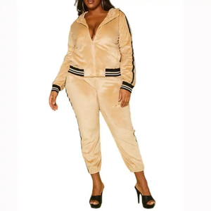 Ensemble de survêtement streetwear en velours pour femme, taille plus, hiver, couleur unie, avec sweat à capuche zippé et pantalon de jogging - Product Image 1