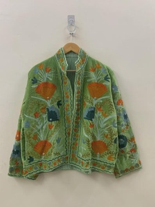 Green Suzani Velvet <b>Short</b> <b>Jacket</b> Indian Suzani Embroidery <b>Jacket</b> Winter Wear Women's <b>Jacket</b> Valentine’s Day Gift Bohemian Coat - Product Image 5