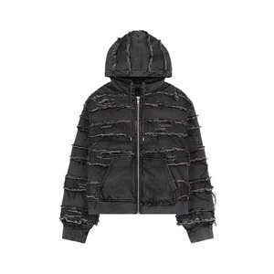 Veste à capuche zippée noire pour homme avec design patchwork vieilli, style streetwear, matière polaire coupe-vent, coupe classique - Product Image 1