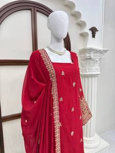 <b>Red</b> Embroidered Chiffon Dupatta Traditional Indian Pakistani Women Wedding Engagement <b>Scarf</b> Floor-Length Ethnic Wear - Product Image 1