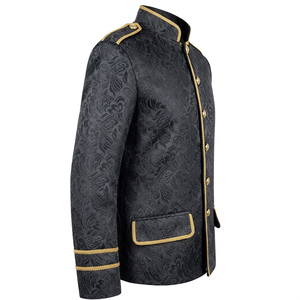 Blazer steampunk gris victorien en jacquard avec passepoil tressé doré, col montant et poches à rabat, veste de cérémonie - Product Image 3