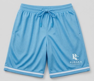 Short de basket en mesh bleu clair avec bordure blanche, cordon de serrage et logo Huracan, conçu en studio professionnel pour une respirabilité optimale en équipe. - Product Image 1