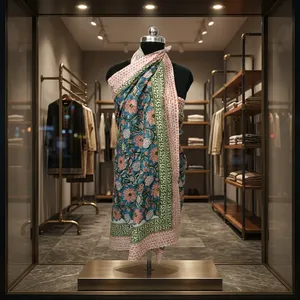 Hand Block Printed Cotton <b>Sarong</b> Teal Floral Beach Wrap Scarf Lightweight Summer Cover Up for Women Resort Travel Wear - Product Image 5