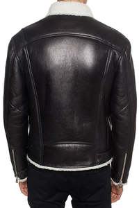 Custom Wholesale Men Black Genuine Sheepskin Leather <b>Jacket</b> White Faux Fur <b>Shearling</b> Collar Winter Warm <b>Bomber</b> Trucker Coat - Product Image 6