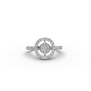 Anillo de compromiso o promesa con halo redondo de diamantes cultivados en laboratorio, zafiro rosa talla marquesa y patrón geométrico. - Product Image 6