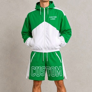 Conjunto de Dos Piezas de Ropa Urbana de Nailon para Hombre, Chaqueta y Pantalones Cortos con Bloques de Color, Cuello Alto y Estampado Gráfico con Letras - Product Image 3