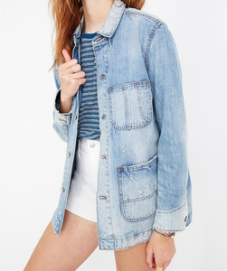 Women's Washed Denim Jacket Turn Down Collar Long Sleeve <b>Button</b> Trucker <b>Coat</b> Distressed Frayed Hem Winter Casual 100% Polyester - Product Image 4