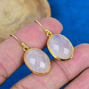 Natural Rose Quartz Oval Shape Gemstone <b>Dangle</b> Hook <b>Earring</b> 18k Gold Plated Over 925 Sterling <b>Silver</b> Finish - Product Image 1