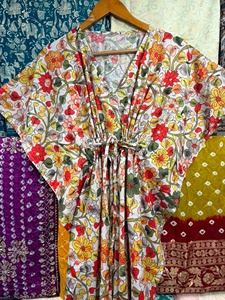 Flower Print Cotton Eco-Friendly V-neck Feather Tassel <b>Kaftan</b> Dress Long Loose Fit Maxi Indian <b>Plus</b> <b>Size</b> for Women All Season - Product Image 4