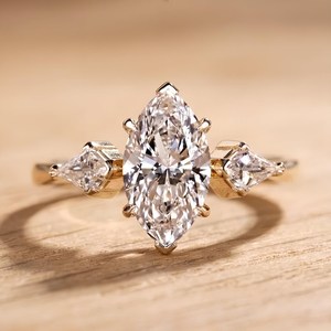 10K 14K 18K Solid Gold Solitaire Ring Trilogy Designer Ring <b>Three</b> Stone Engagement Ring IGI Certified Marquise Lab Grown Diamond - Product Image 3