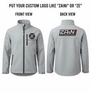 Chaqueta Softshell Premium para Hombre, 300 GSM, Poliéster y Elastano, Cierre Completo, Cuello Alto, Gris Claro, Panel Trasero con Logotipo Personalizado, Ropa de Trabajo - Product Image 1