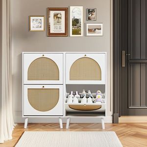 FCH 2 Dump Buckets High Feet Rattan Shoe Cabinet 54*24*98cm White <b>Frame</b> with Particle Board & <b>Plastic</b> Rattan Original W Product - Product Image 2