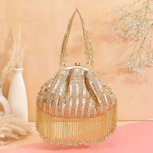 Beaded Shell Shape Evening <b>Bag</b> With Tassel Fringe Elegant Sparkling Handmade Party Clutch <b>Gold</b> Pink Pattern - Product Image 1