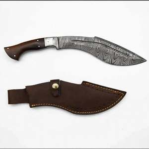 Cuchillo utilitario de hoja fija de acero de Damasco curvado hacia adentro, hecho a mano, personalizado, OEM, con mango de palisandro natural figurado y bolster de acero. - Product Image 5
