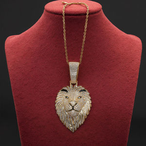 Gold Plated Lion Head Pendant With Crystal Rhinestones Hiphop Charm For <b>Men</b> Animal Themed Jewelry - Product Image 1