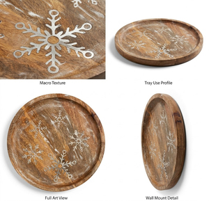 Plateau de service en bois artisanal gravé flocon de neige, plat rond rustique, décoration murale style ferme, planche en bois de manguier écologique - Product Image 6