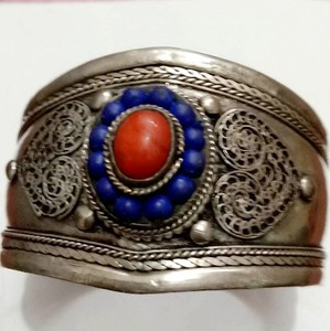 Classic Multi-color <b>Silver</b> Plated Flower Pattern Turquoise Stone Set Adjustable Size Women's Tibetan Bangles - Product Image 4