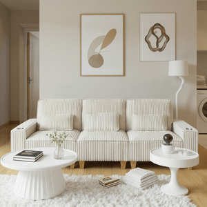 Divano Moderno a 3 Posti con Seduta Profonda in Velluto a Coste, Portabicchieri in Acciaio Inox Spazzolato e 3 Cuscini Decorativi per Soggiorno - Product Image 2