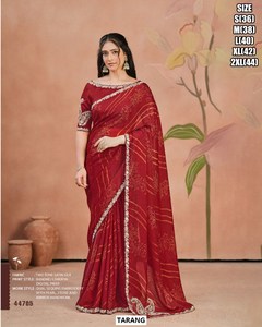 Sari de seda satinada rojo de dos tonos TARANG con estampado digital Bandhej y bordado de lentejuelas para mujer 44707 - Product Image 5