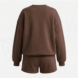 Conjunto de 2 Piezas para Mujer, Sudadera y Pantalones Cortos Marrones, Cuello Redondo, Manga Larga, Corte Holgado, Estilo Casual, Tejido de Algodón, por Encima de la Rodilla - Product Image 2