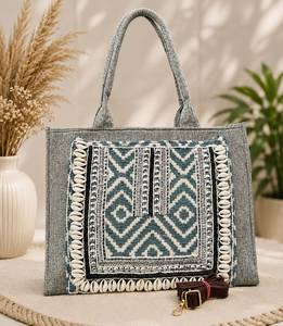 Sac fourre-tout en coton géométrique orné de coquillages style bohème, avec fermeture éclair, imperméable, pour usage quotidien, à porter à l'épaule ou en bandoulière, idéal pour les voyages - Product Image 1
