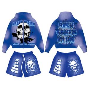 Men's Summer Custom Logo 2 Two Piece Hoodie and Short Set Streetwear <b>Plain</b> Casual Sports <b>Tracksuit</b> Blank Oversize Set - Product Image 4