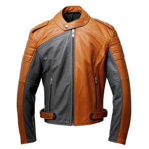 Veste de moto pour homme en cuir véritable marron et gris, coupe-vent, avec patchwork brodé, col rabattable et fermeture éclair - Product Image 1