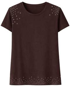 Camiseta de Algodón para Mujer, Color Marrón Oscuro, con Pedrería, Estilo Casual, Manga Corta, Verano, Moda, Logotipo Personalizado, Fabricante OEM, Venta al Por Mayor - Product Image 1