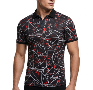 Camisa con Estampado Geométrico Abstracto para Hombre |   Camiseta de punto transpirable con diseño gráfico moderno, corte ajustado y patrón de líneas rojas y blancas. - Product Image 1