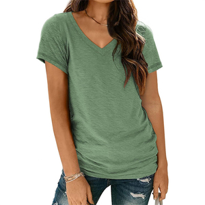 OEM/ODM Camiseta de punto de manga corta para mujer, de verano, moderna, con cuello en V, lisa, con estampado por transferencia térmica y bordado, anti-bolitas - Product Image 3
