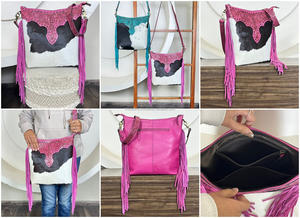 2026 Trendy <b>Pink</b> Floral Hand Tooled Cowhide Leather Fringe <b>Bag</b> New Wholesale Genuine Leather <b>Crossbody</b> Messenger <b>Bag</b> For Women - Product Image 3