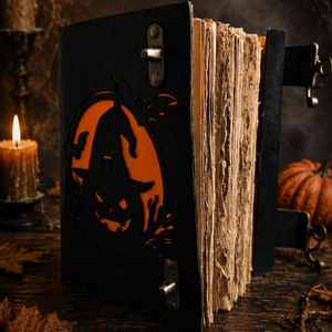 Journal en cuir fait main pour Halloween, motif citrouille sorcière ajouré, carnet gothique à double fermeture, grimoire à pages à bords festonnés - Product Image 2