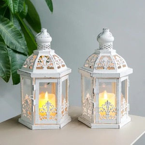 White Iron <b>Lanterns</b> With Cutout Design Flameless Candle Holders For Home Decoration - Product Image 3