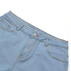 Short en jean taille haute pour femme, bleu clair uni, avec revers, cinq poches, fermeture boutonnée, décontracté, respirant, délavé, coupe droite - Product Image 4