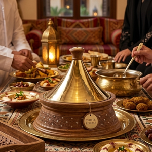 Tajine de service élégant et luxueux en bois et métal, style Héritage Ramadan, avec incrustation de nacre, idéal pour offrir en cadeau de luxe - Product Image 5