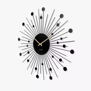 Large Modern Sunburst Metal <b>Wall</b> <b>Clock</b> with Black Steel Rays and Gold Hands for Luxury Living Room - Product Image 1