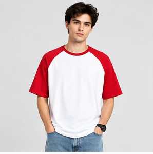 Camiseta de Hombre, Cuello Redondo, Manga Raglán Roja y Blanca, Casual, 100% Algodón, Corte Holgado, Color Sólido, Diseño Moderno, Secado Rápido - Product Image 6