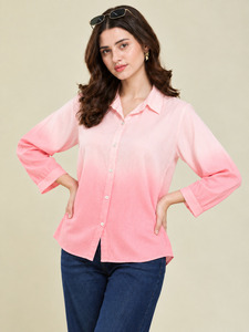 เสื้อเชิ้ตป๊อปลินสีชมพูสำหรับผู้หญิง แขนสามส่วน ลำลอง สีพื้น สำหรับฤดูใบไม้ผลิและฤดูร้อน - Product Image 1