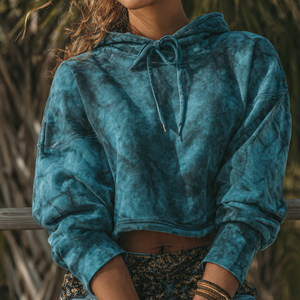 Stone Wash Crop Hoodie Women Winter Streetwear <b>Drop</b> Shoulder Washed Hoodies Ladies French Trey Cotton Fleece Crop Hooded Tops - Product Image 1